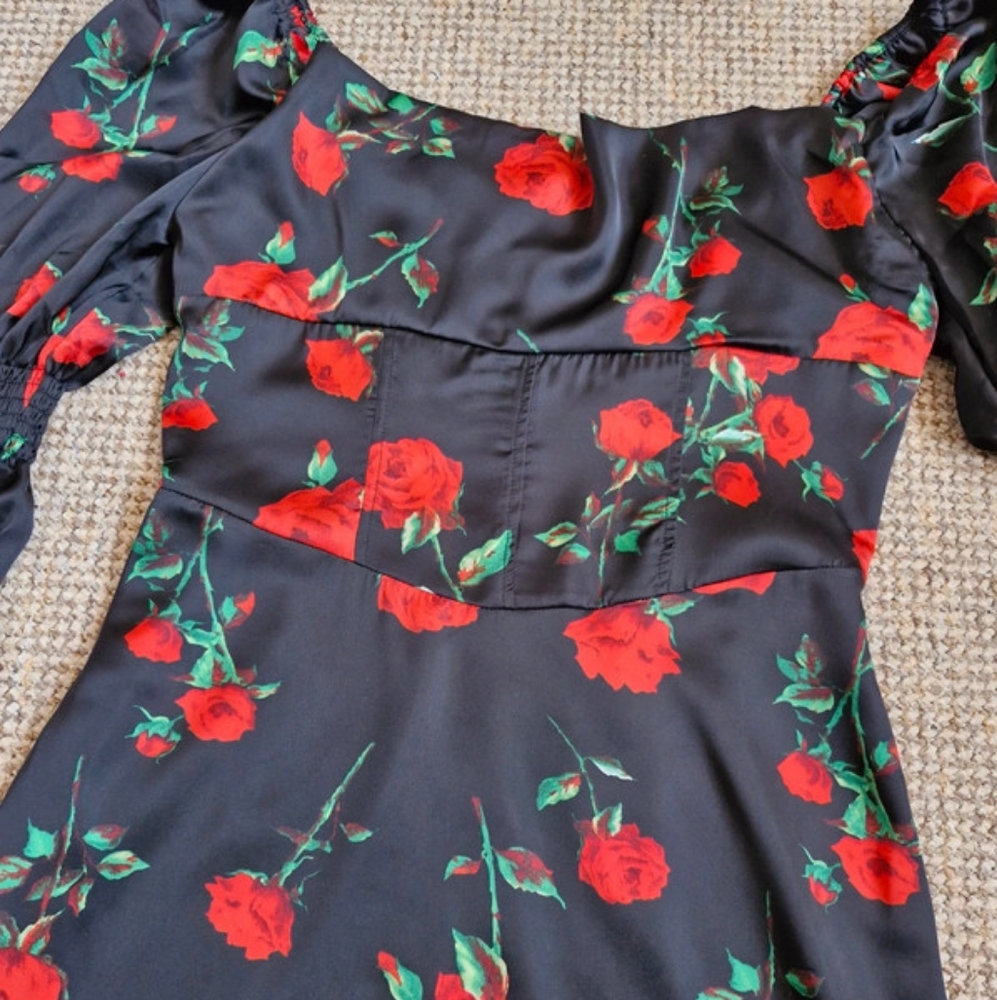 Silky Black Rose Mini Dress